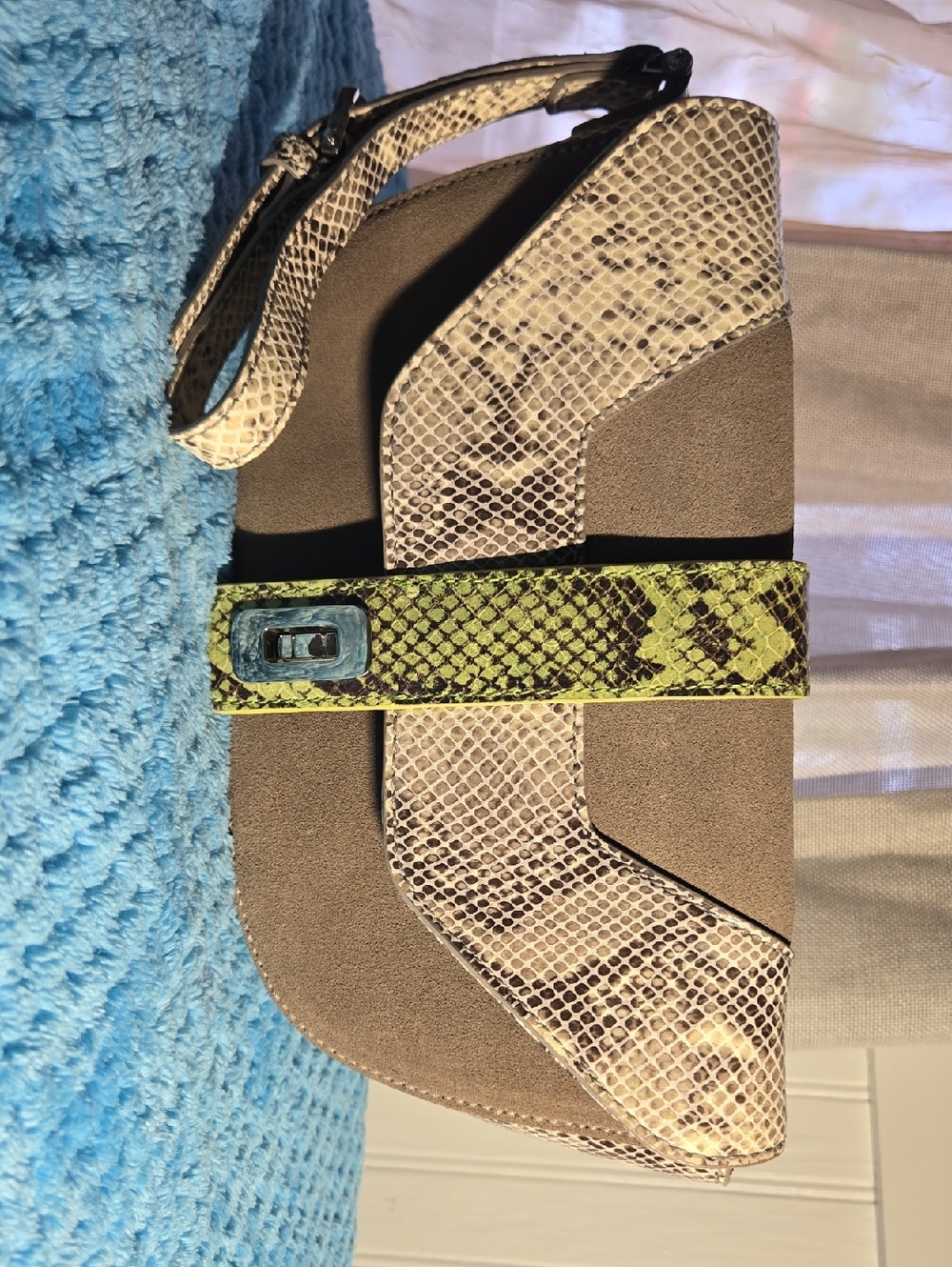 henri bendel Taupe Suede Clutch with Snake-Print Trim and Lime Accent